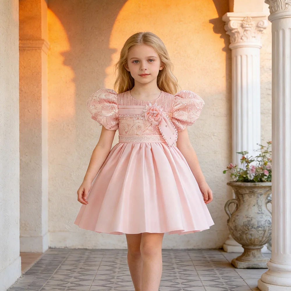 

Летнее детское платье принцессы с розовыми цветами и бисером для девочек, элегантное платье для дня рождения, свадьбы, торжественного вечера, церемонии, Vestido