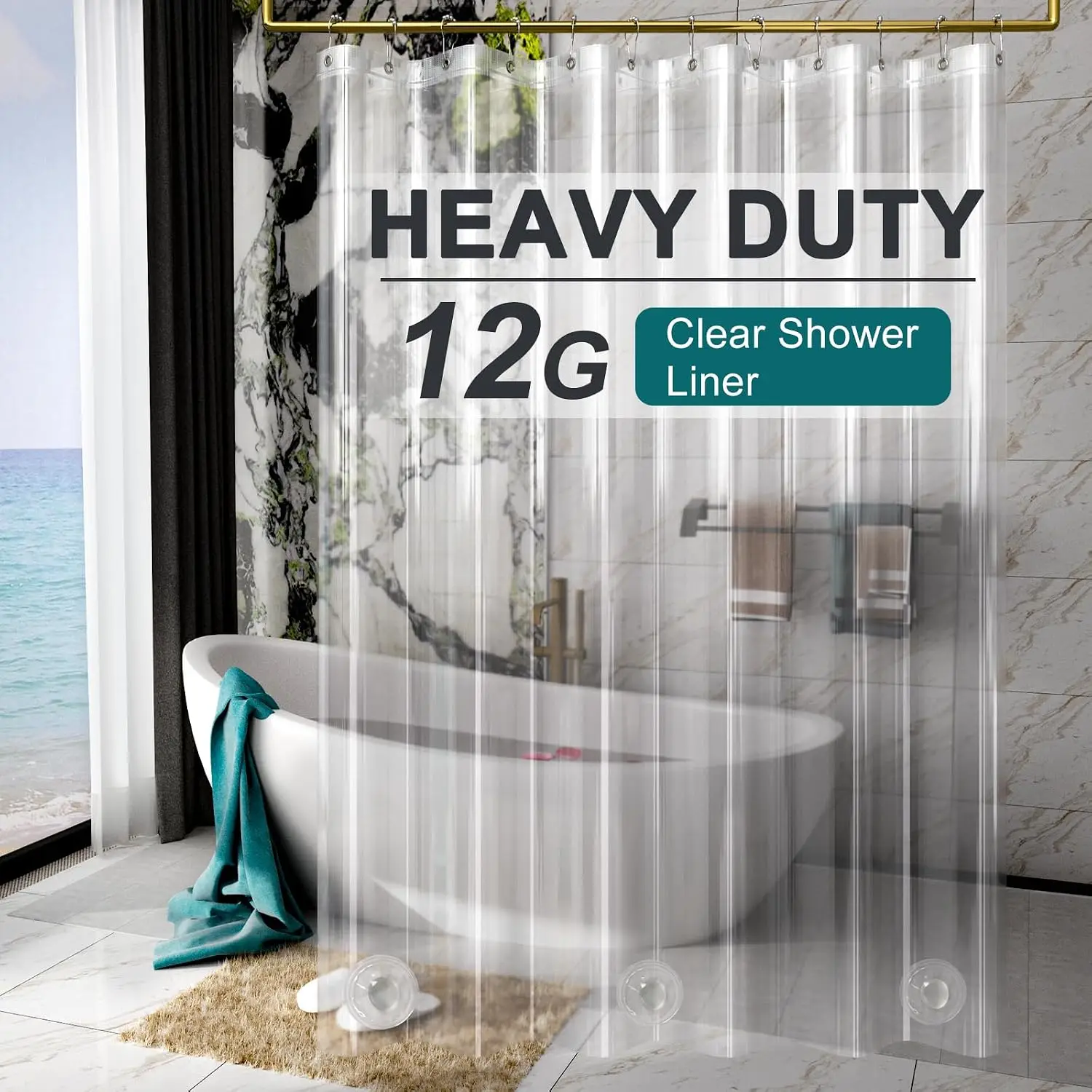 

Heavy Duty Shower Curtain Liner 12 Gauge, 72x96 Inches Clear with 3 Stones and 12 Grommets, Weighted Plastic