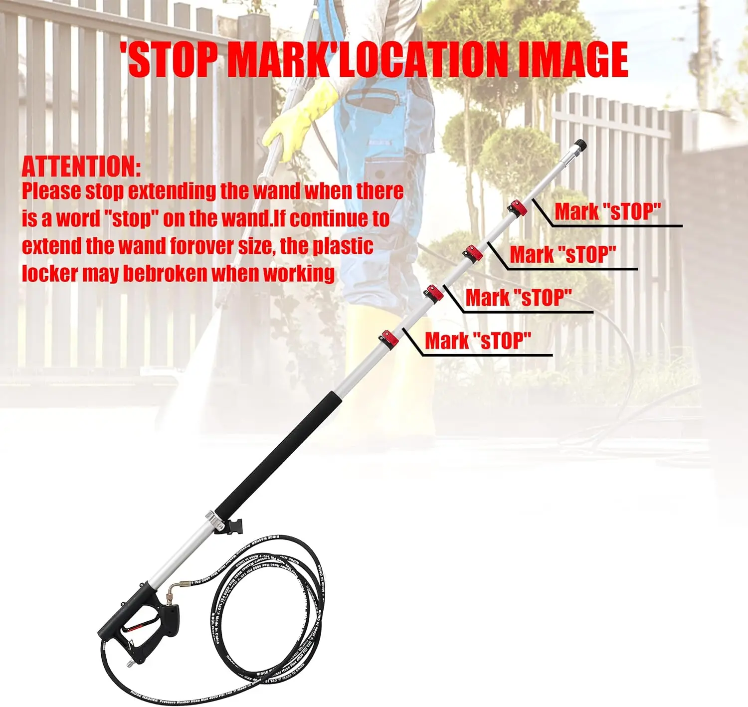 24피트 텔레스코핑 고압 세척기 완드, 3개의 곡선 완드, 7개의 노즐 팁, 조절 가능한 벨트 및 어댑터 포함, 고도 청소용