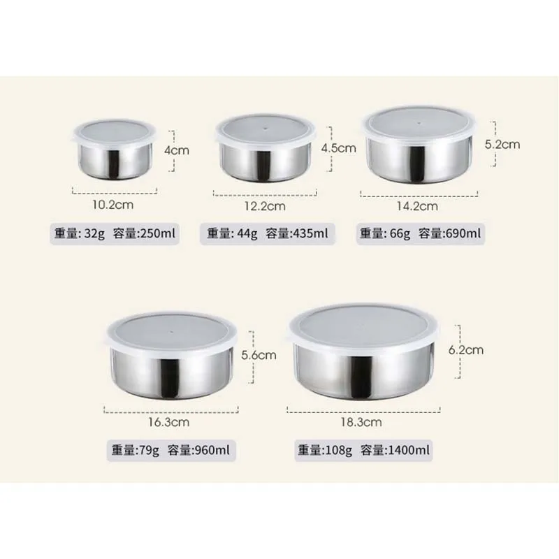 5 in 1 Stainless steel fresh-keeping box five piece set, kitchen refrigerator fresh-keeping storage can, round with lid