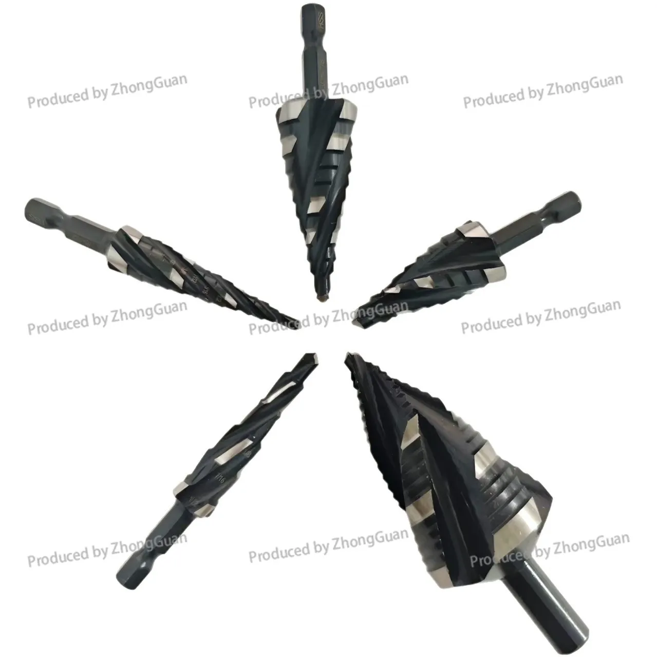 5Pcs HSS Pagoda Drill Bits, High‑Speed‑Steel Four‑Edge White Spiral Groove Hexagonal Shank High Hardness Drill Bits