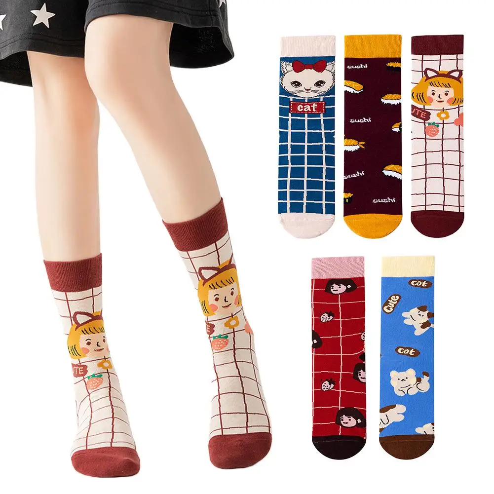 

3-6Pairs Cotton Knitted Women Socks Casual Rainbow Mid-calf Socks School Girls Women Korean Style Soft Comfortable Casual Socks
