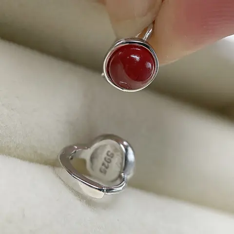 Small 925 Sterling Silver Rhodium Plated Round 6mm Dark Red Natural Onyx Stone Huggie Hoop Earrings For Women Girls Jewelry Gift