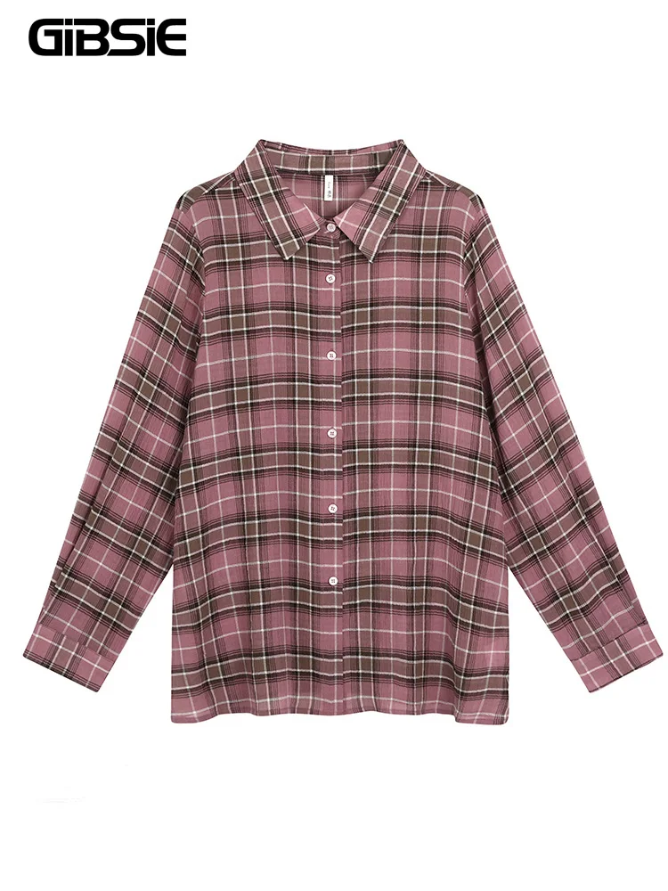 

GIBSIE, винтажная клетчатая рубашка больших размеров с длинными рукавами, женская осень 2023, корейская мода, свободные блузки с отложным воротником на пуговицах, топ