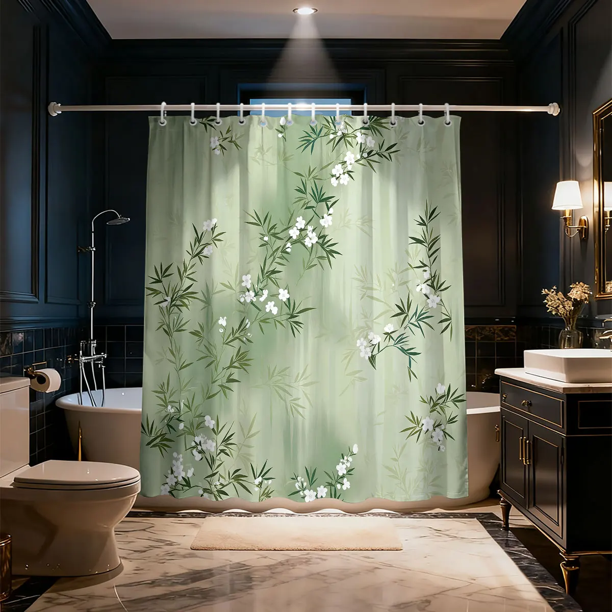 1pc Abstract Geometric Patterns Print Shower Curtain 90GSM Waterproof Vintage Botanical Print Bathroom Decor with Hooks