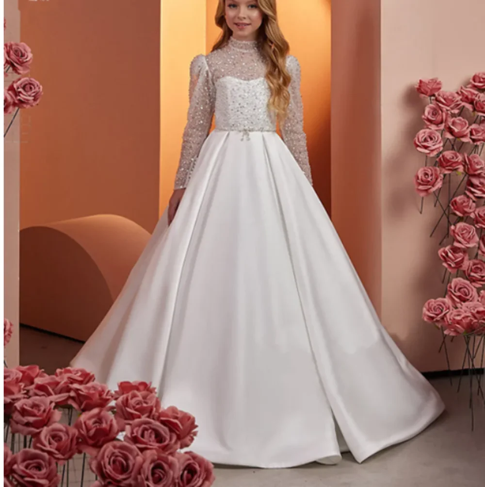 Elegant High Neck Flower Girl Dresses For Wedding Lace Appliques Cap Sleeves Princess Formal Party First Communion Gowns