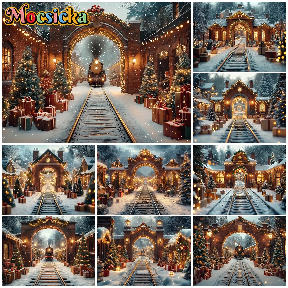 

Mocsicka New Year Party Photo Backdrop Winter Snowflake Railway Track Train Decoration Christmas Festival Photography Background