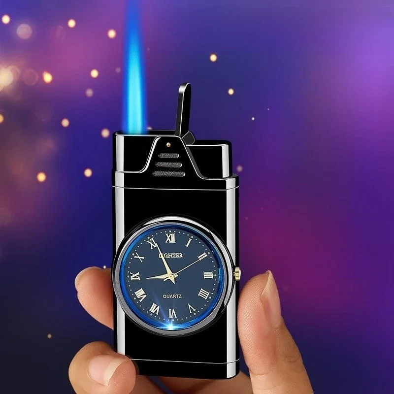 Portable Metal Turbo Butane Gas Lighter Creative Clock Outdoor Windproof Blue Flame Torch Jet Lighters Men's Gift Practical Tool