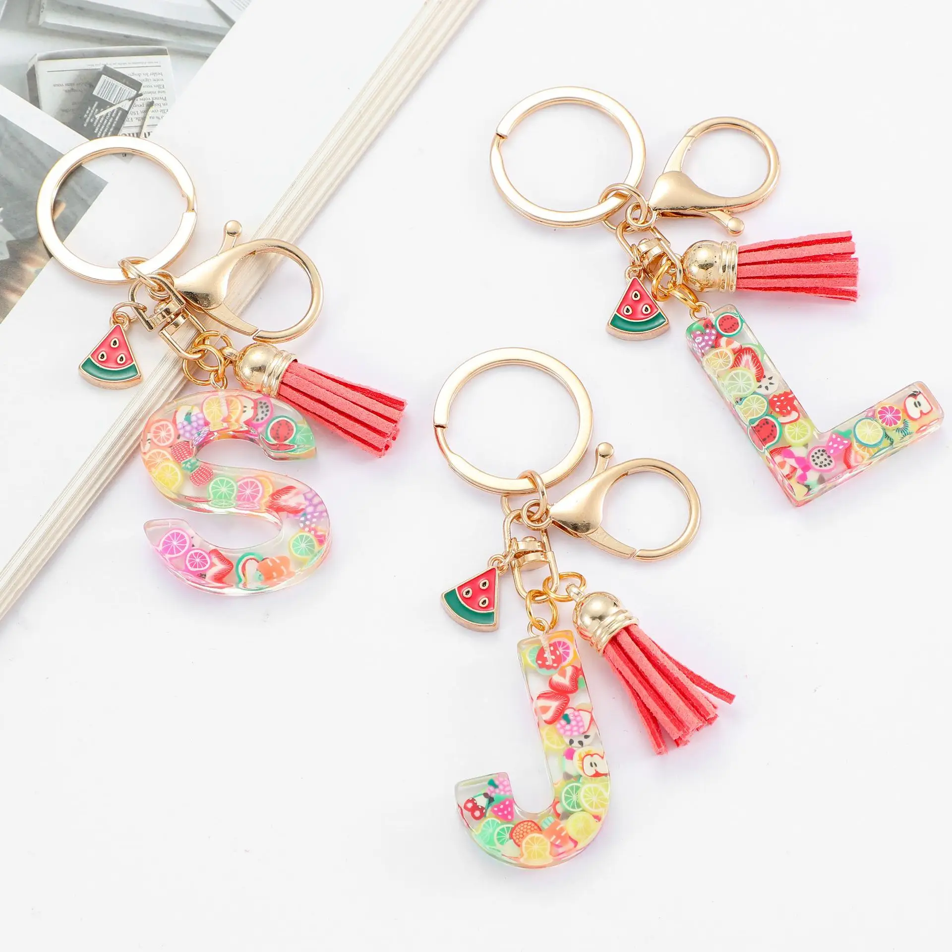 Watermelon Fruit Color Initial Letter A-Z Resin Key Ring Cup Key Chains DIY Jewelry Gifts