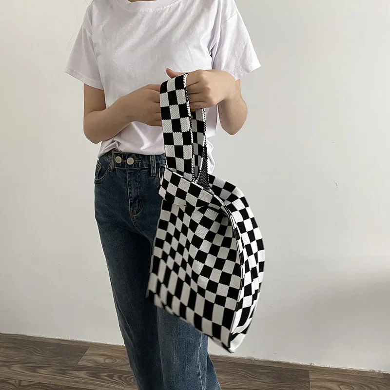 Knitting Fabric Women Handbag Chequer Chess Design Eco Small Shopping Bag Decoration Purses Woolen Plaid Cloth Tote for Ladies