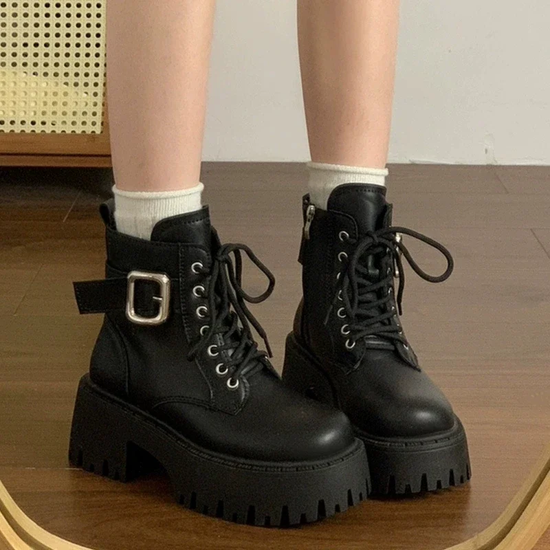 2026 New Autumn and Winter British Wind Round Head Thick Heel Strap Thick Soled Women's Shoes Increase Thin Short Tube Boots