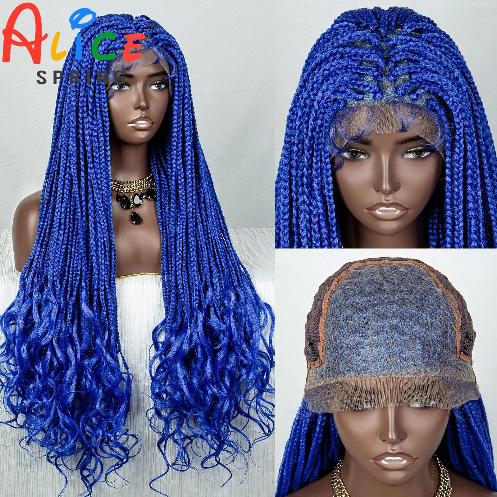 36 Inches Blue Synthetic Braided Lace Front Wig Crochet Braid Lace Wig with Baby Hair for Black Women Knotless Box Braiding Hair