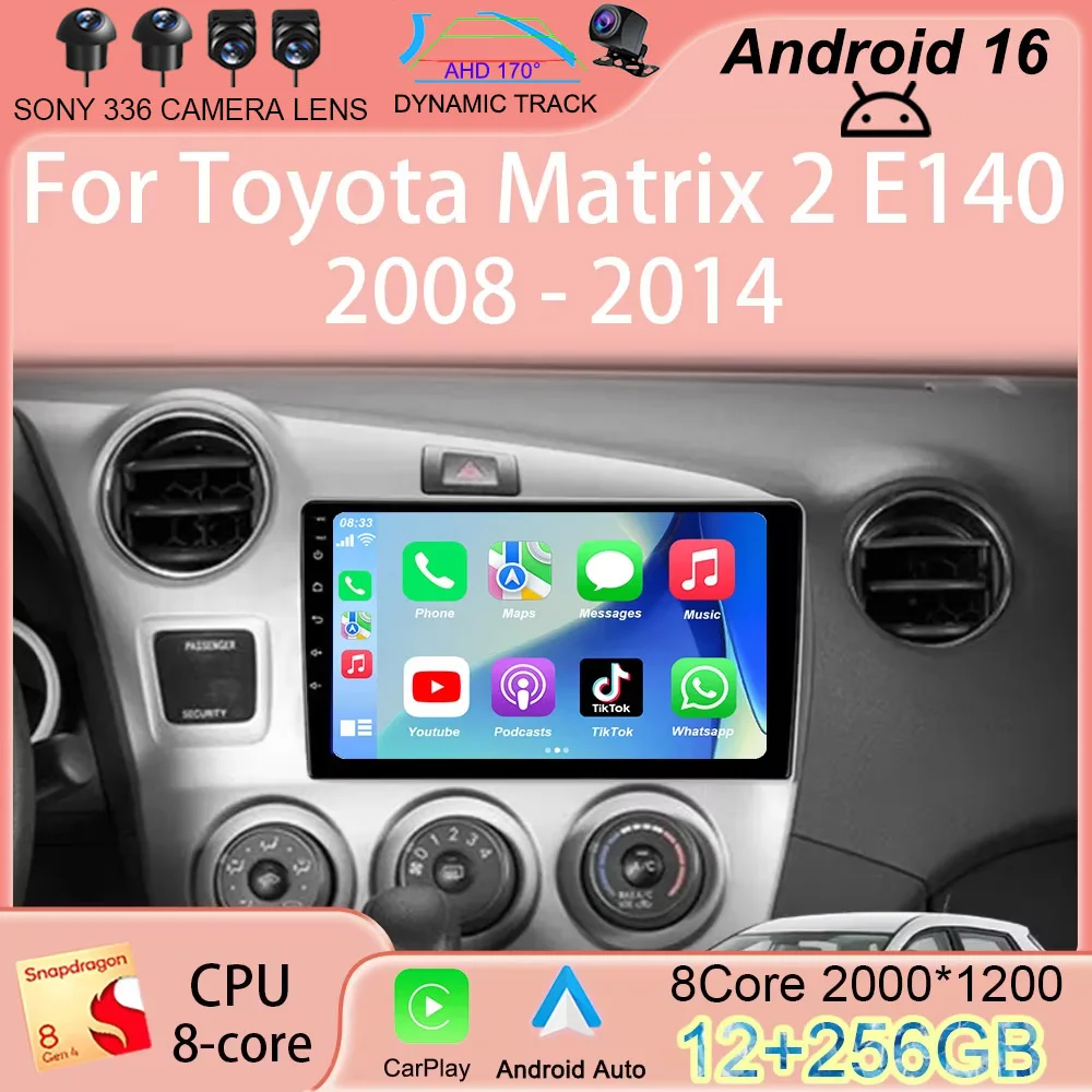 Radio Multimedia para Auto con Android 16 y Carplay para Toyota Matrix 2 E140 2008 2009 2010 2011 2012 2013 2014, Reproductor con Navegación GPS