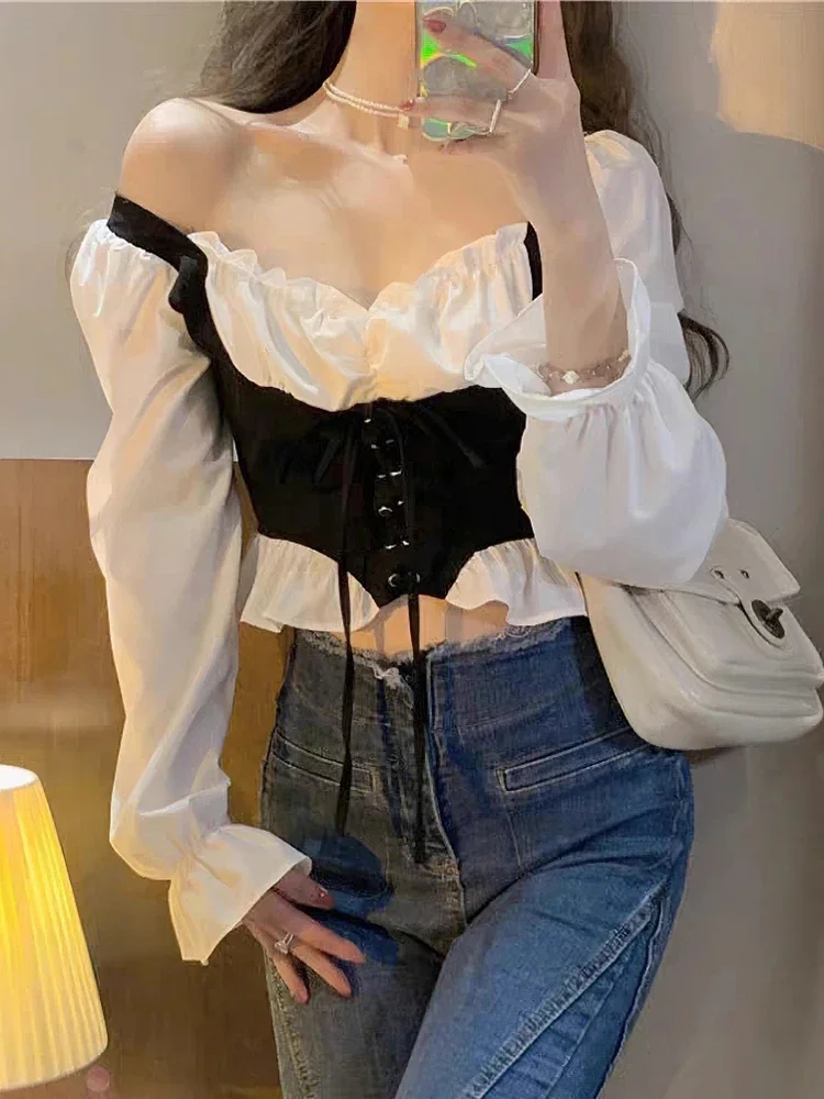 

Korean Fashion Designer Sexy Women's Patchwork Bubble Long Sleeved Shirt Lace Up Tight Fitting Corset Square Neck Shirt Tops