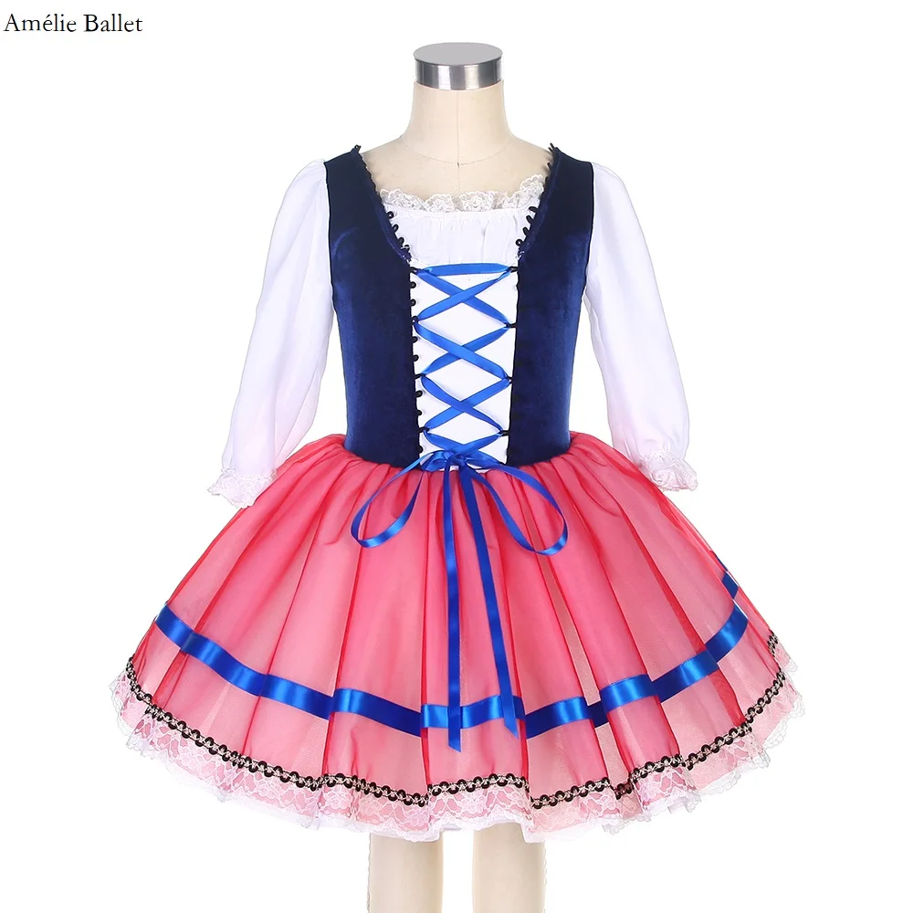 

22025 Blue Stretch Velvet Leotard Attached 5 Layers Soft Tulle Tutu Skirt,Trimed with Blue Ribbon Girls&Women Ballet Dance Dress