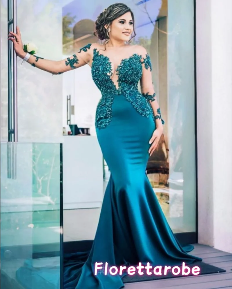 Robe de soirée de forme sirène, personnalisée, élégante, manches longues, avec des Appliques en dentelle, col transparent, en Satin, avec traîne, robe de bal