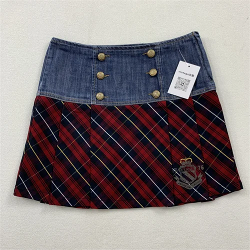 

Retro American High Waist Waed Denim Skirt A-Line Skirt Pleated Lace Trim Cotton Elastic Waist Spring Summer Skirt