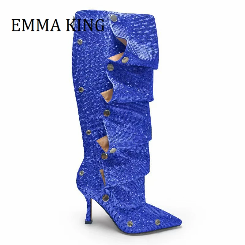 

Women Crystal Knee High Slouch Boots Sexy Pointed Toe High Heel Slouchy Boots Fashion Pleated Button Detachable Fold Bling Boot