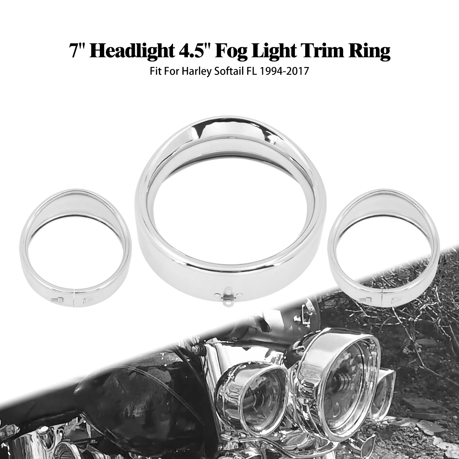 Motorcycle Black/Chrome 7''+4.5'' Headlight Visor Passing Fog Light Bezel Style Trim Ring For Harley Softail FL FLST FLSTF 94-17