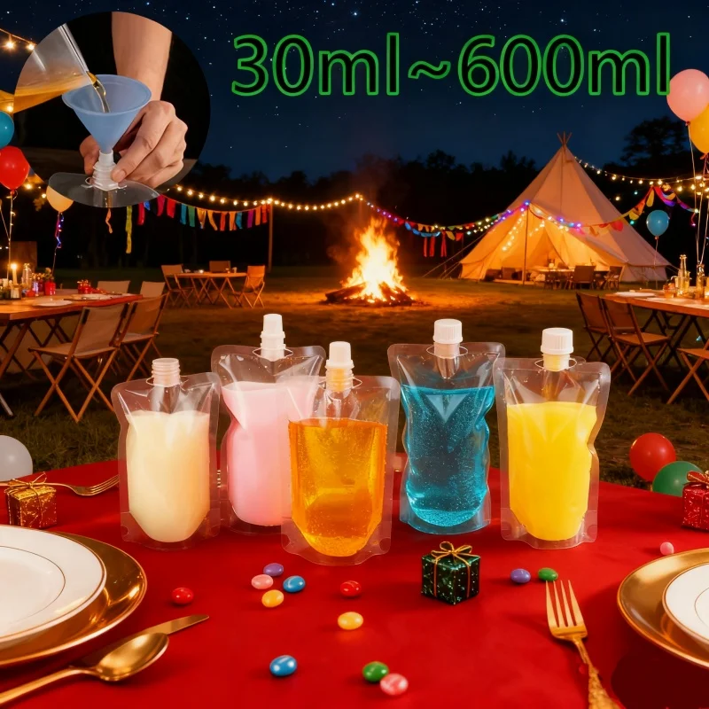 

30ml~600ml 100pcs High Clear Stand up Spout Beverage Bags Plastic Spout Pouches for Party Wedding Fruit Juice Beer with Funnels