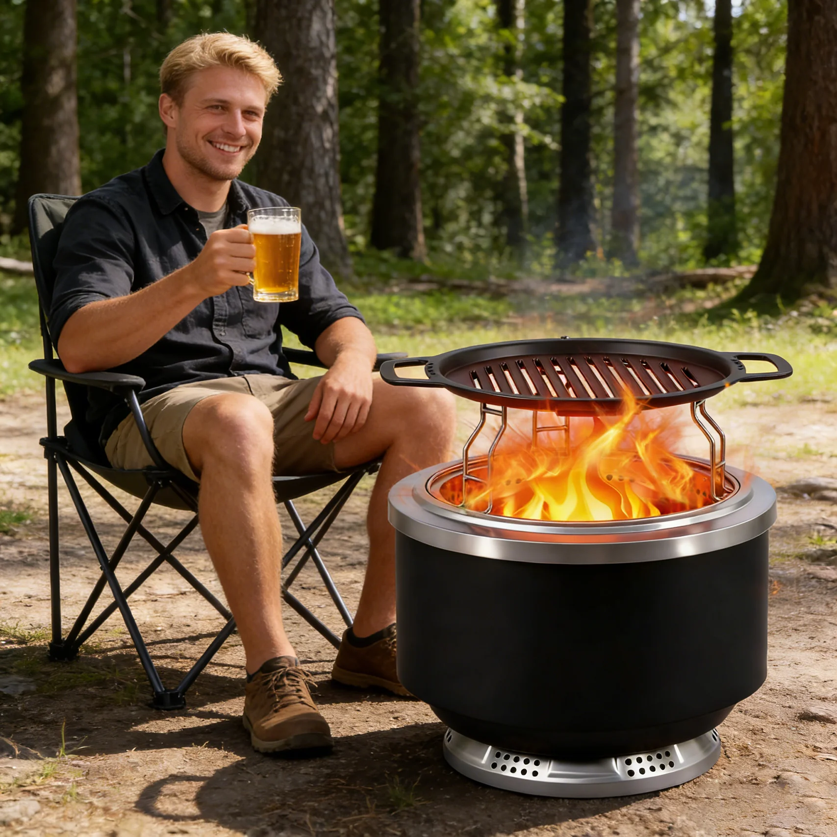 Portable Round Table Top Fire Pit Stainless Steel Fire Pits With Camping Barbecue Grill