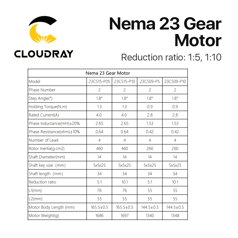 Cloudray Nema 23  Stepper Motor 4-lead 0.9/1.3N.m Planetary Gearbox Motor Nema 23 Ratio 5:1/10:1 for CNC