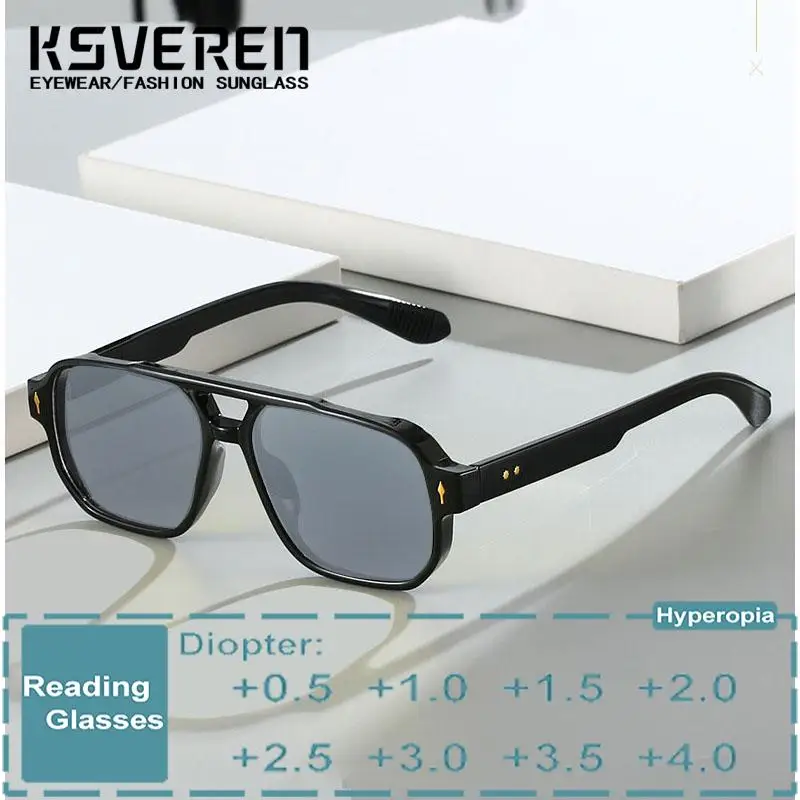 

KSVEREN Men Square Reading Glasses Single Focus Presbyopic Eyeglasses Outdoor Shade Sunglasses Prescription Glasses