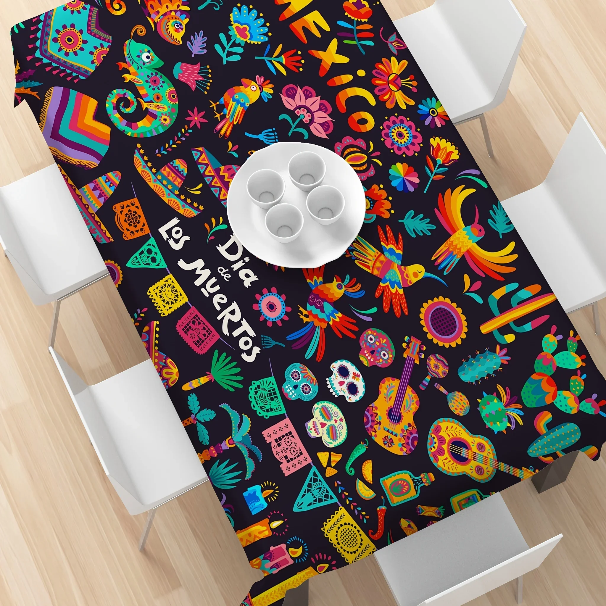 One Dia de los Muertos tablecloth - Vibrant Mexican sugar skulls and floral patterns.PMJ