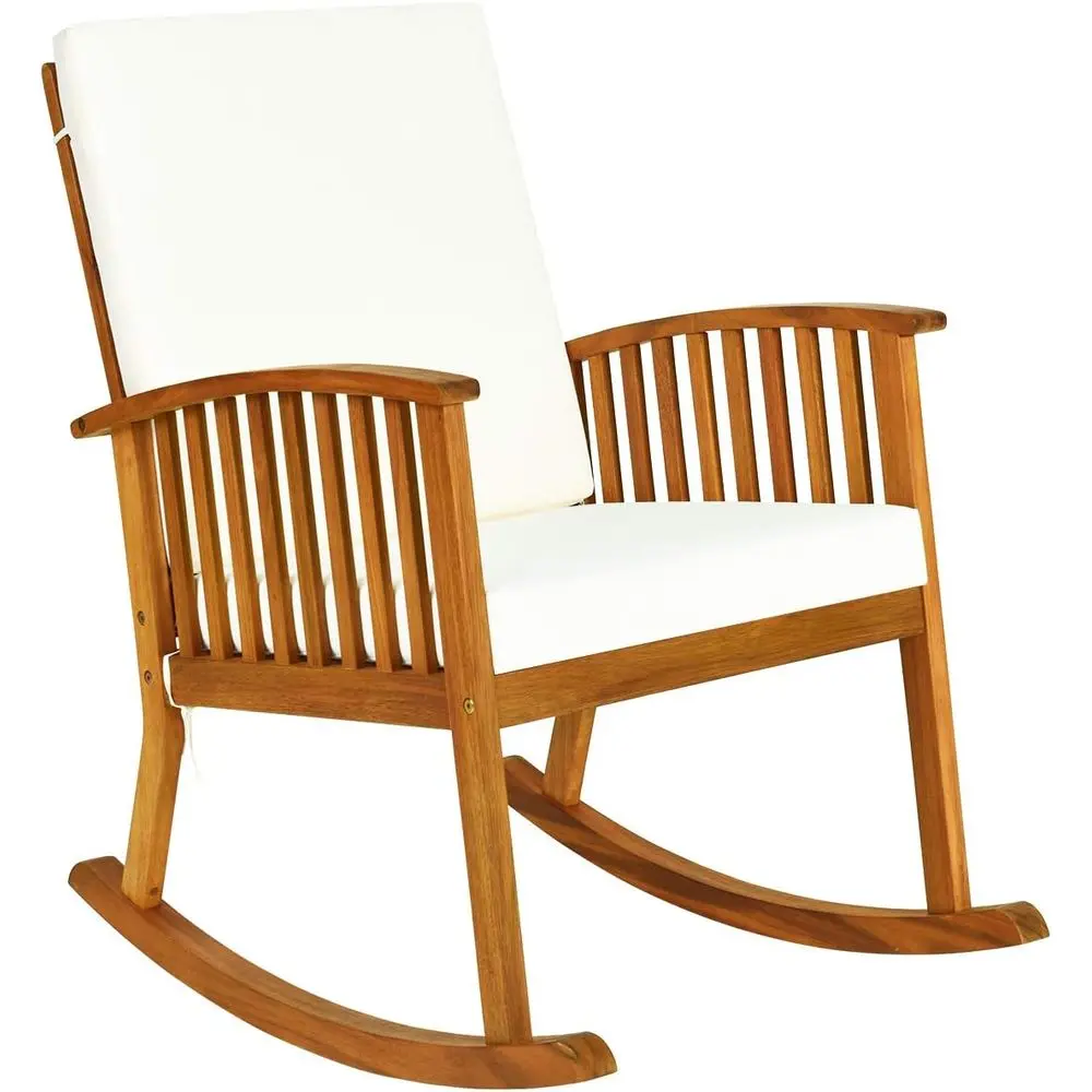 Silla Mecedora de Madera de Acacia para Exteriores, Silla Mecedora de Madera con Cojines Lavables Desmontables, para Jardín, Patio, Balcón, Piscina o Interiores