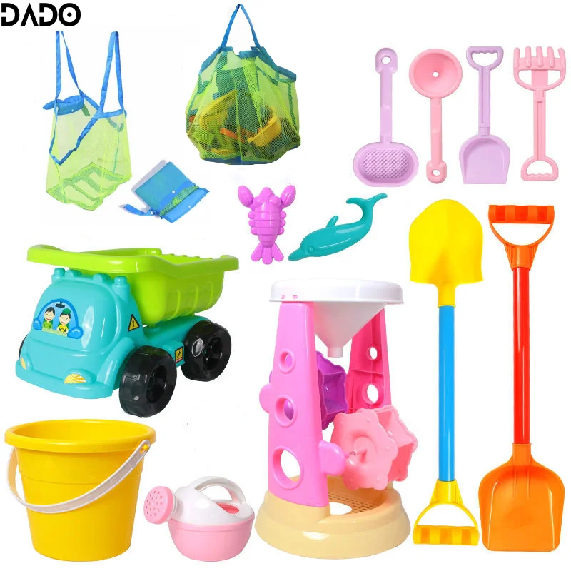 Brinquedos de areia de praia Jogos verão castelo plástico Carro com balde de água Pá com balde areia para o exterior Acessórios de brincadeira para meninas e meninos brinquedo de praia para bebês bolsa de rede