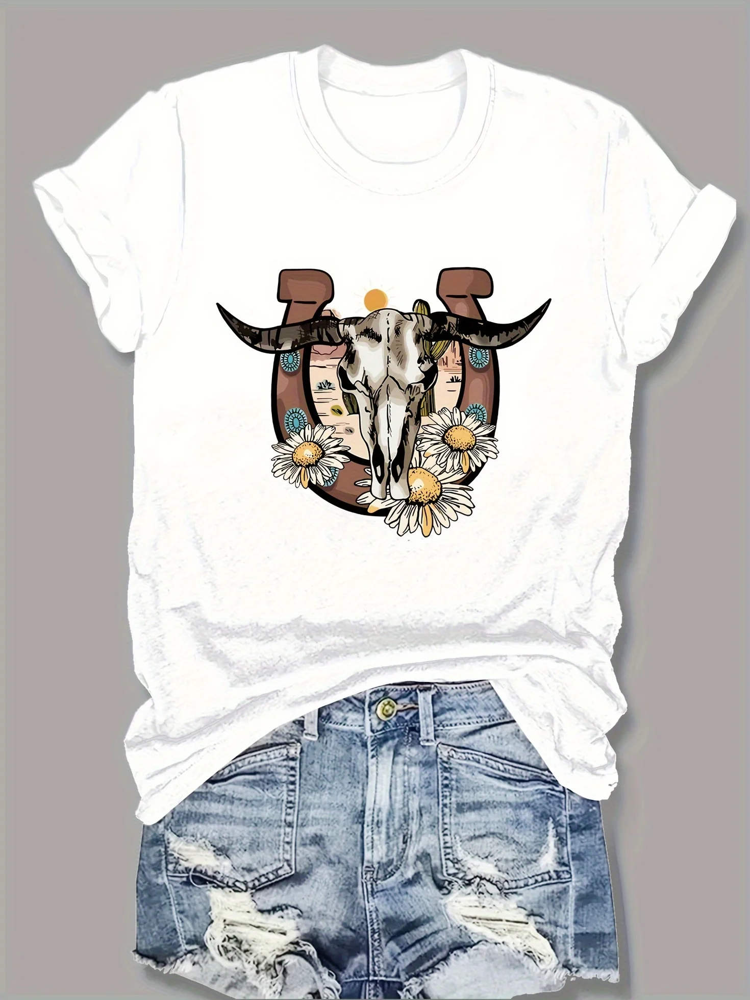 Bull Head & Floral Print T-shirt, Casual Crew Neck Short Sleeve Top, Women's Clothing