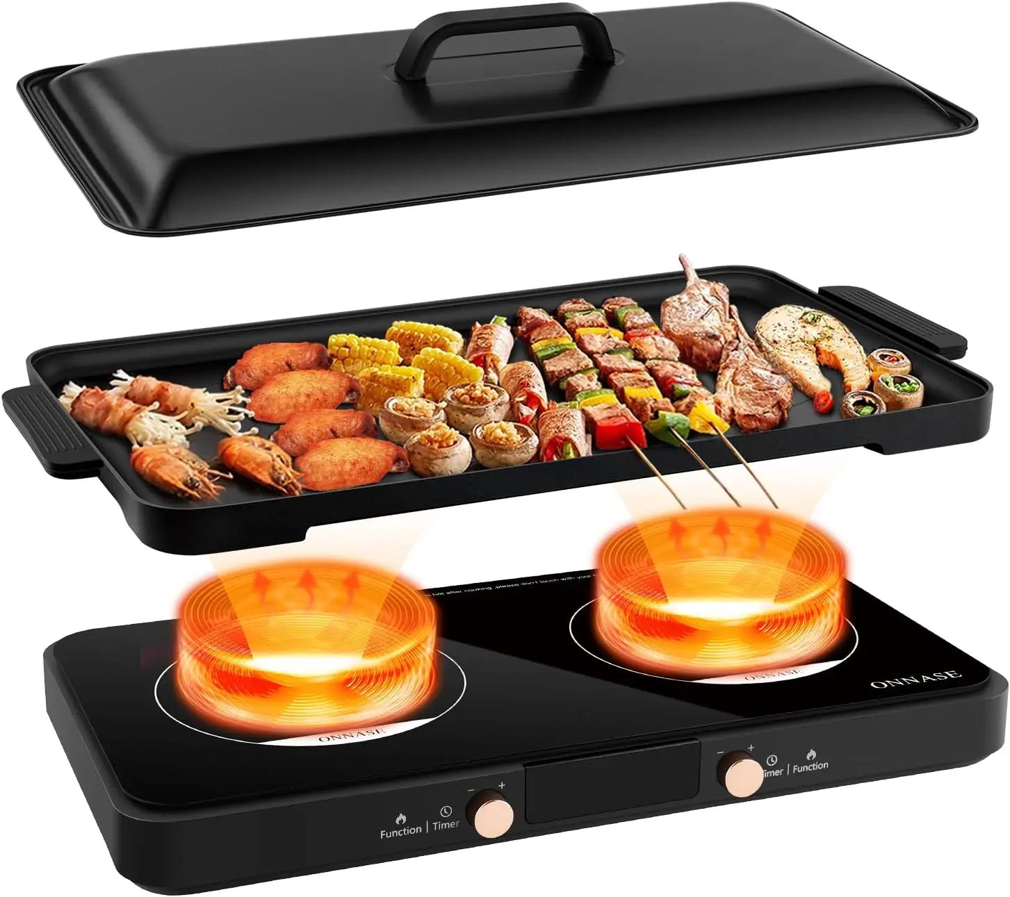 Induction Cooktop 2 Burner with Removable Iron Cast Griddle Pan Non-stick, 1800W Portable Induction Stove with 11 Power levels,