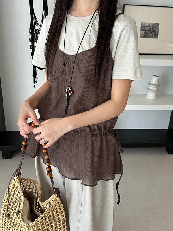 

plus Size 300 Pounds Women's Casual Drawstring Short Sleeve T-Shirt Set with Lace Trim Tank Top Outerwear Summer Fashion