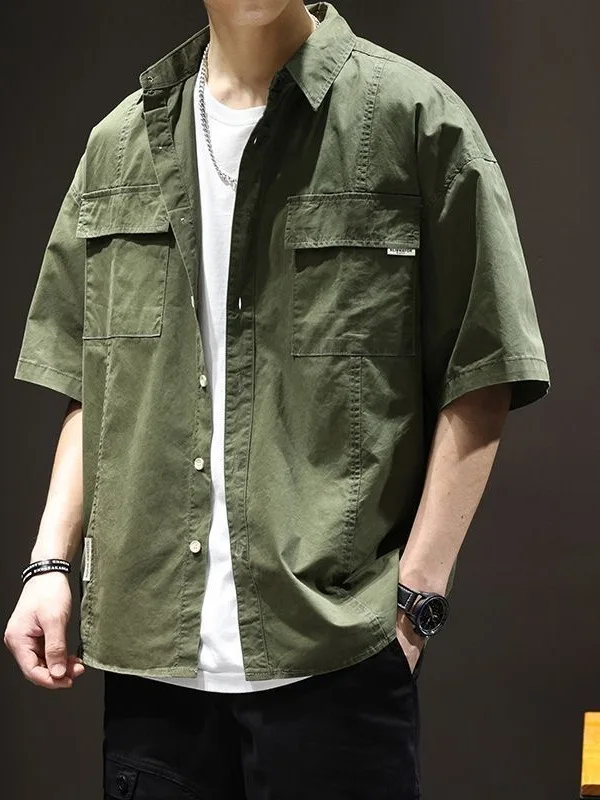 

Loose Fit Military Green Workwear Short Sleeve Shirt Men's Stylish American Style Shirt Breathable Lightweight Summer Shirt