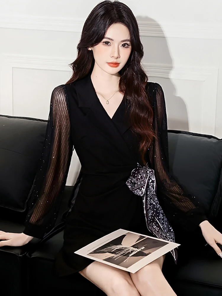 Mini robe noire en maille Patchwork, manches longues, pour femmes, élégante, avec nœud, à bandes, coréenne, moulante, Chic, ligne a, automne hiver 2025