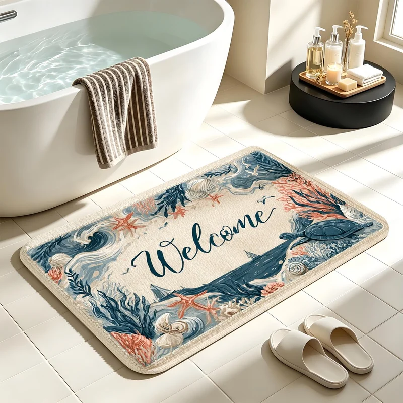 Ocean Turtle Welcome Doormat Non Slip Front Door Mat Indoor Outdoor Beach Theme Entrance Floor Rug