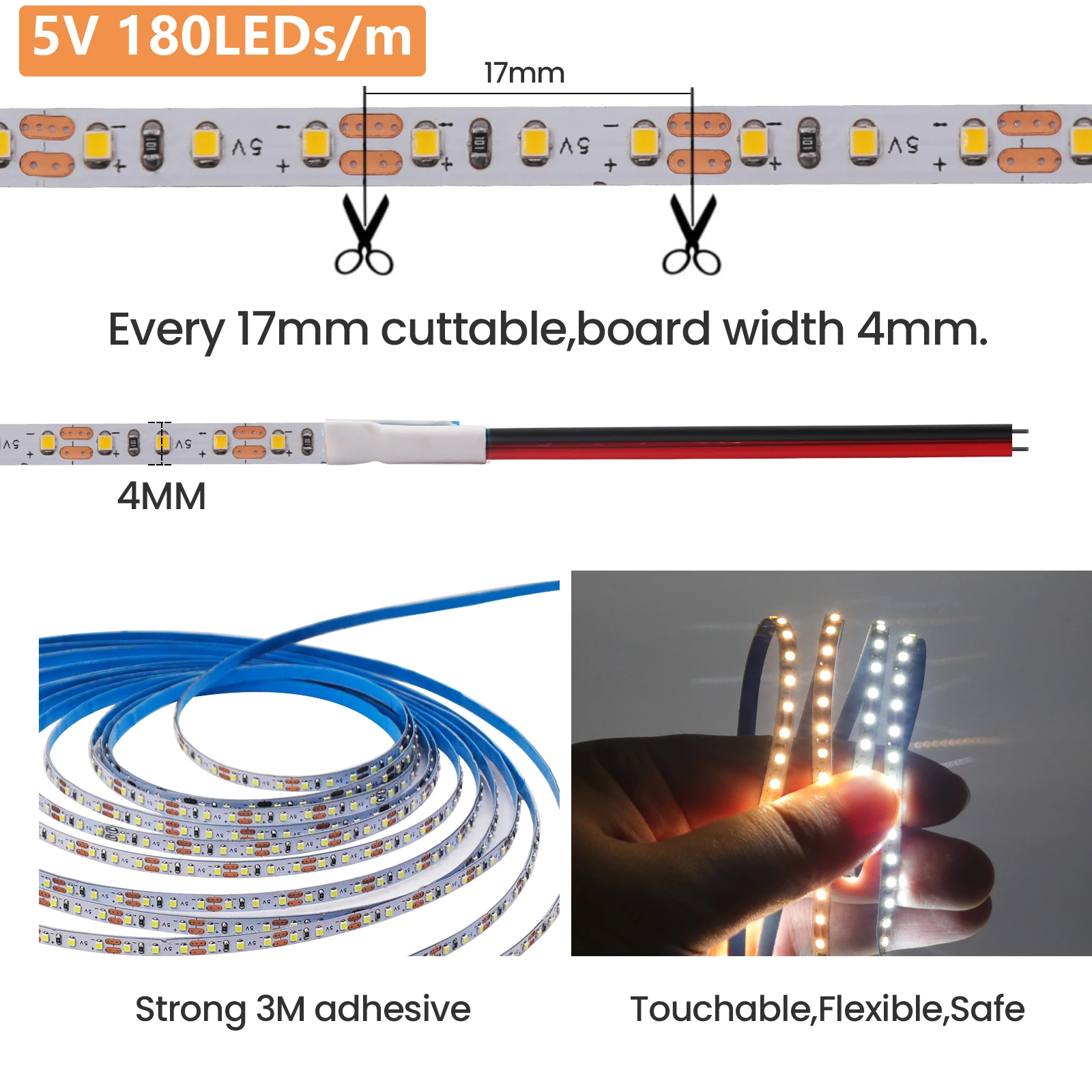 4MM 5MM 8MM LED Strip 5V 12V High Brightness 180 240 300LEDs/m Flexible LED Tape Lamp White Warm White 0.5M 1M 2M 3M 4M 5M