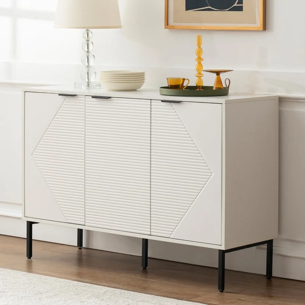 خزانة بوفيه جانبية رائعة مع مساحة تخزين، وخزانة تخزين مخددة مع 3 أبواب وأرفف قابلة للتعديل، وكابينة حديثة