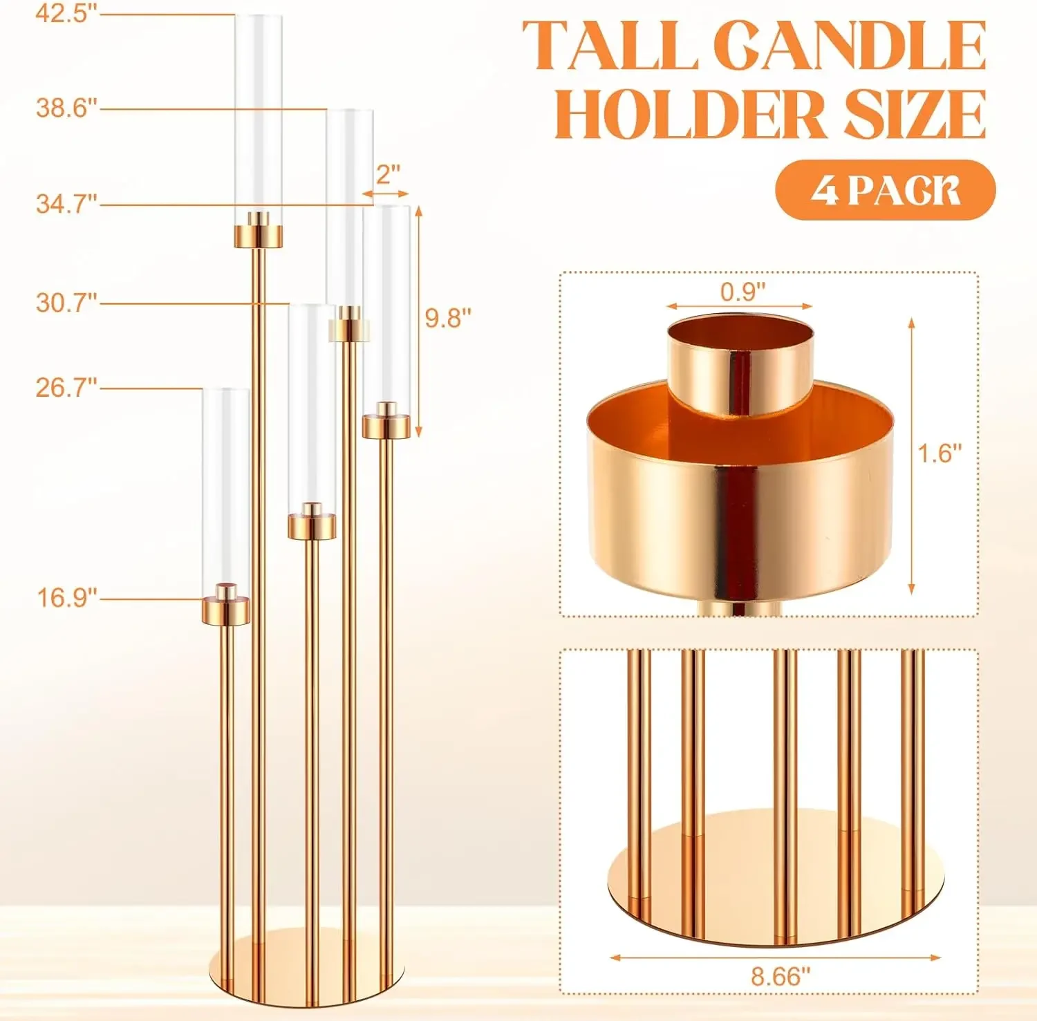 Vloerkandelaar 5-arm 42,5'' hoge gouden kandelaar, kandelaar centerpieces voor tafels, metalen kandelaarset met acryl