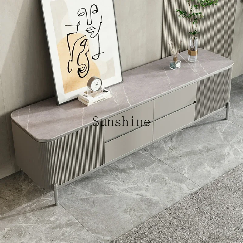 

Italian minimalist premium gray rock panel TV cabinet small apartment living room solid wood high floor cabinet