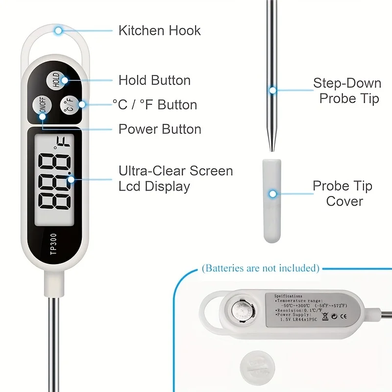 1 Pack TP300 Digital Thermometer, -50~300°C/°F Range, Instant Read with Probe, for Cooking, Baking, Grilling, Coffee