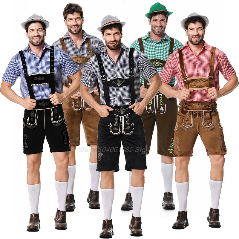 

Male German Oktoberfest Lederhosen Costume Short Sleeve Suspenders Rompers Shirt Hat Bavarian Beer Festival Men Cosplay Outfit