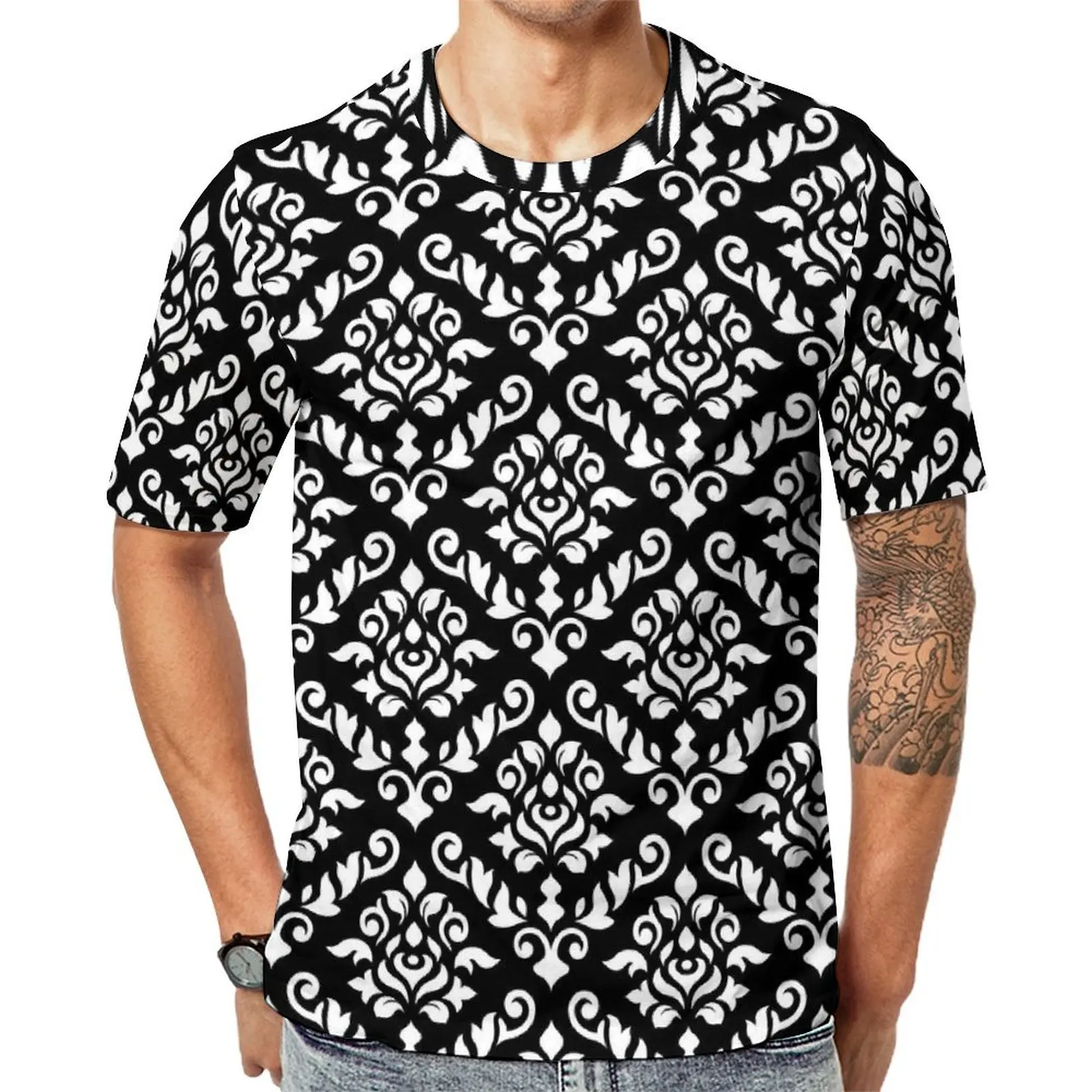 Damask Baroque Print T Shirt For Man Black And White Graphic O Neck T-Shirts Summer Harajuku Tops Basic Oversized Tee Shirt Gift