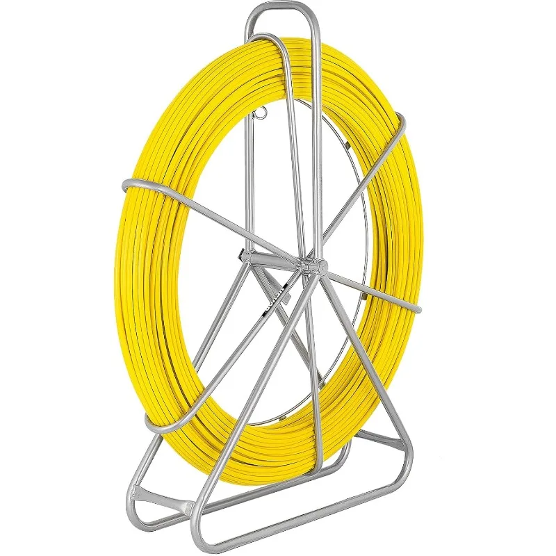 Fish Tape Fiberglass 8MM 492FT, Duct Rodder Fish Tape Puller Fiberglass Wire Cable Running with Cage and Wheel Stand