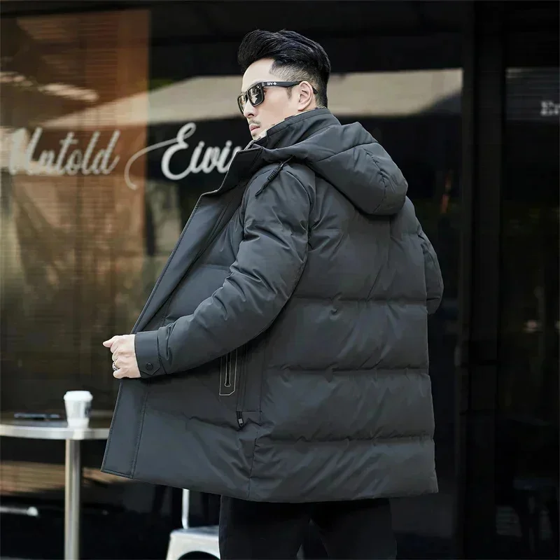 Clothing Mid-length Down Jacket Men's 2025 Winter New Cold-resistant Warm Black Hooded Coat Casual Thickened Top Jack