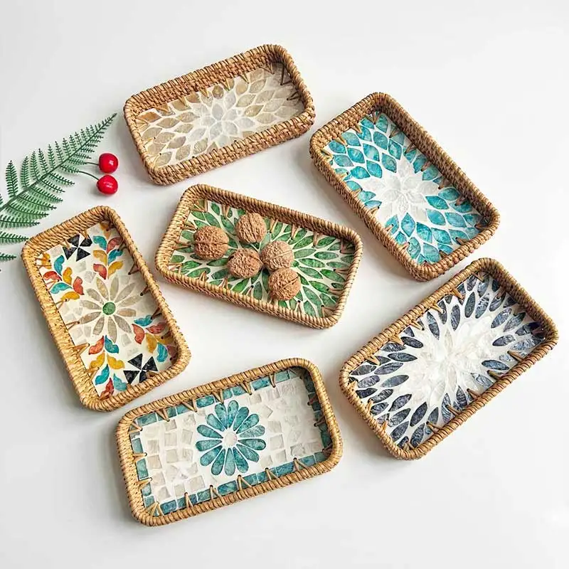 

Handmade Color Rattan Shell Storage square Home Living Room Light Luxury Picnic Fruit Plate Restaurant Sweets Advanced Tray 917
