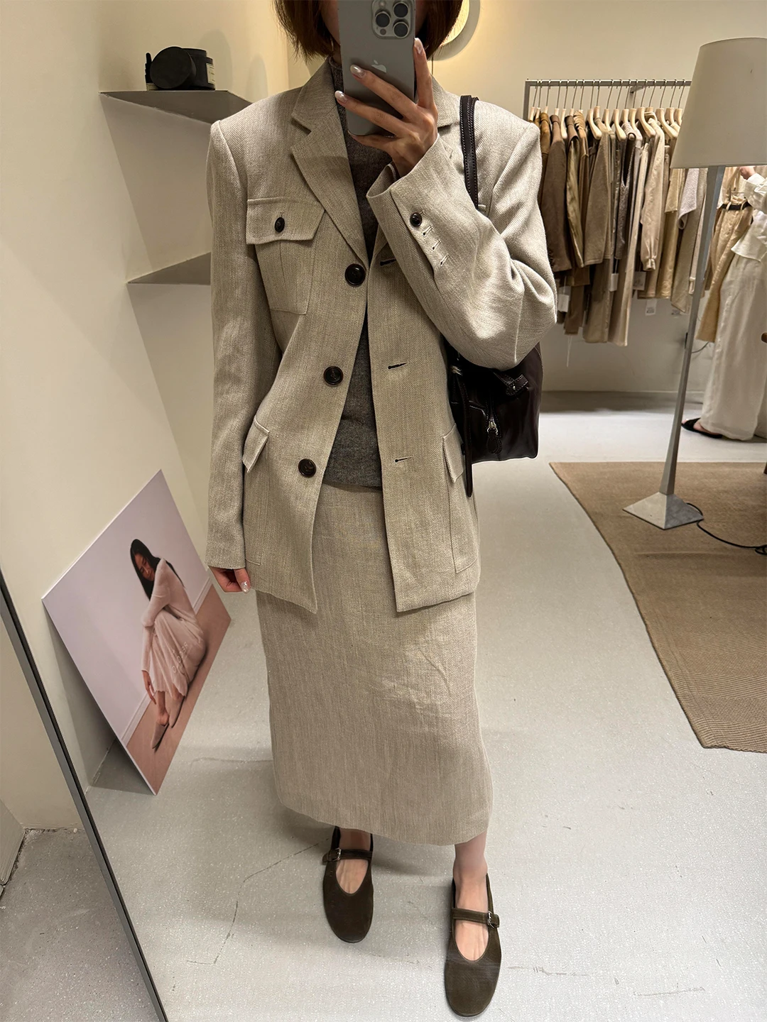 High Intelligence Sensation Korean Style Linen Suit Set Women's Autumn 2026 Retro Waist-Cinching Moneyed Look Jacket Skirt Tw...