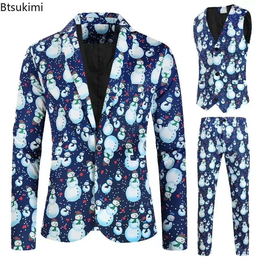 

Men's 3 Pieces Christmas Suits Long Sleeve Blazers Jacket+Vest+Pants Winter Santa Claus Snowflake Printed Men's Funny Clothing