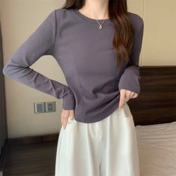 Camiseta de manga larga para mujer, camiseta Sexy ajustada para mujer, Vintage, Y2K, Top corto básico sólido para mujer, ropa de moda coreana