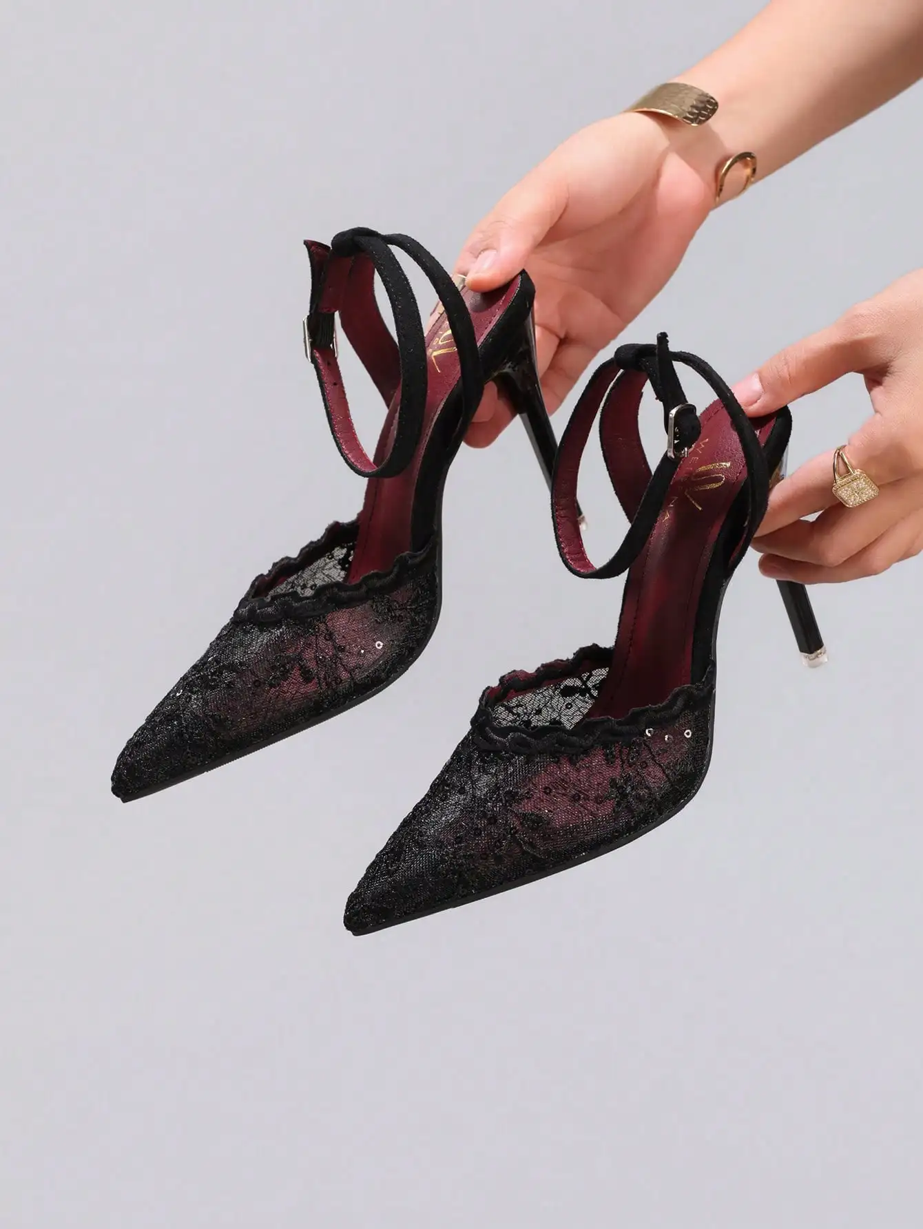 Fashionable Lace Embroidered High Heel Shoes, Sexy Pointed Toe Super High Heel Evening Party Shoes, Thin Heel Black Sandals ，sx25030601616771319For Women, Stiletto Heels